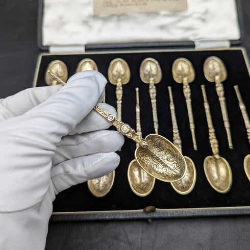 1936 British vintage sterling silver anointing spoon set of 12 in a case